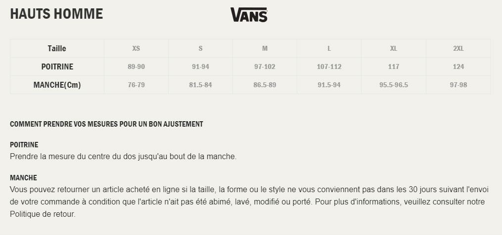 vans guide des tailles