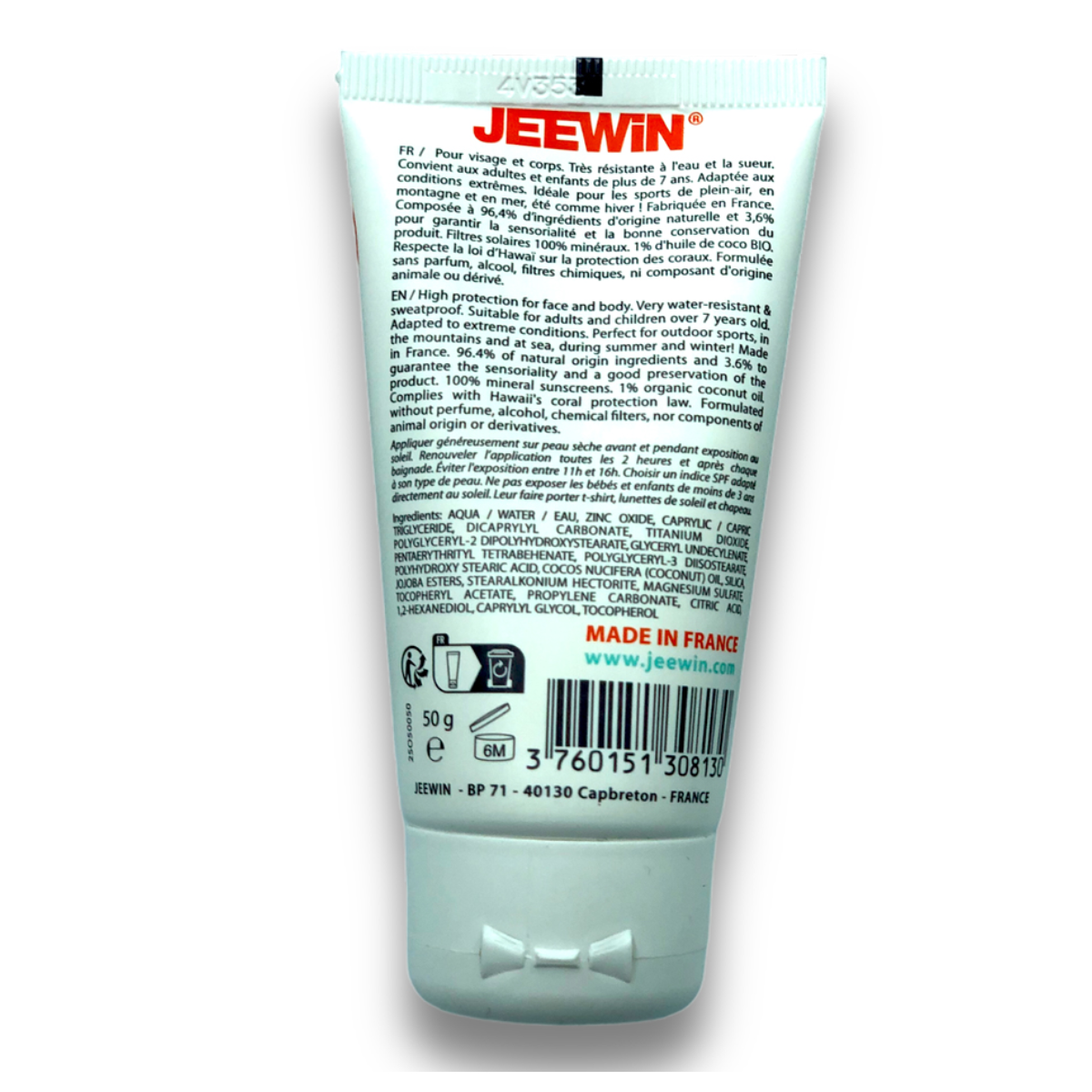 Crème Solaire JEEWIN SPF50 Minérale Waterproof